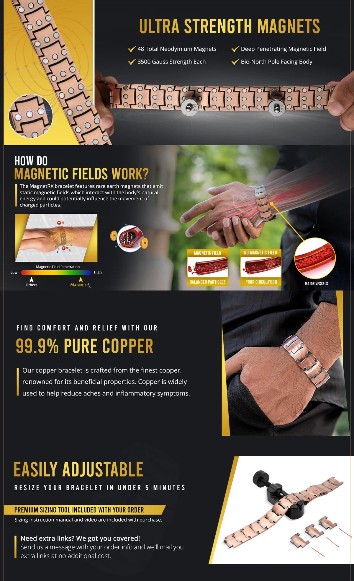 A close-up of a pure copper magnetic bracelet being worn on a wrist, demonstrating its design and fit.