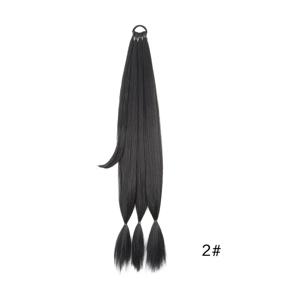 A bundle of long, black synthetic braided hair extensions with a metal clip.