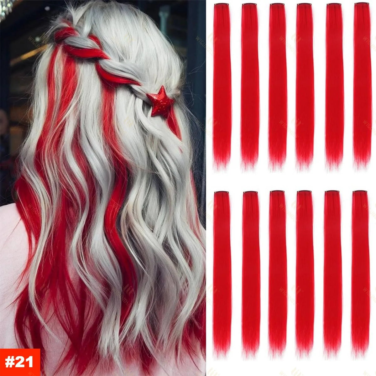 A woman with long, wavy white hair featuring vibrant red highlights and extensions.