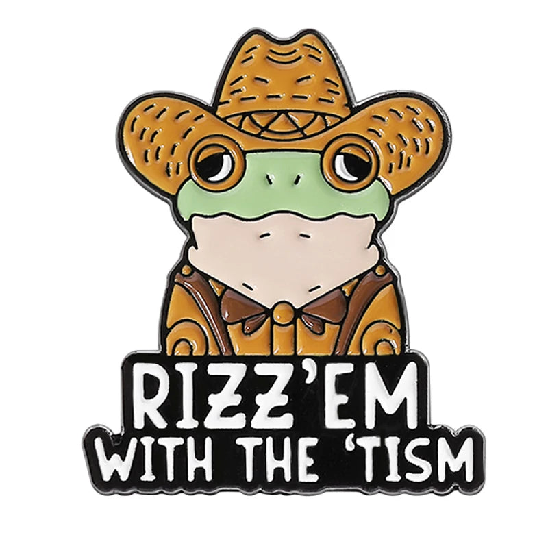 An enamel lapel pin featuring a stylized lizard wearing a sombrero and text that reads RIZZ'EM WITH THE TISM