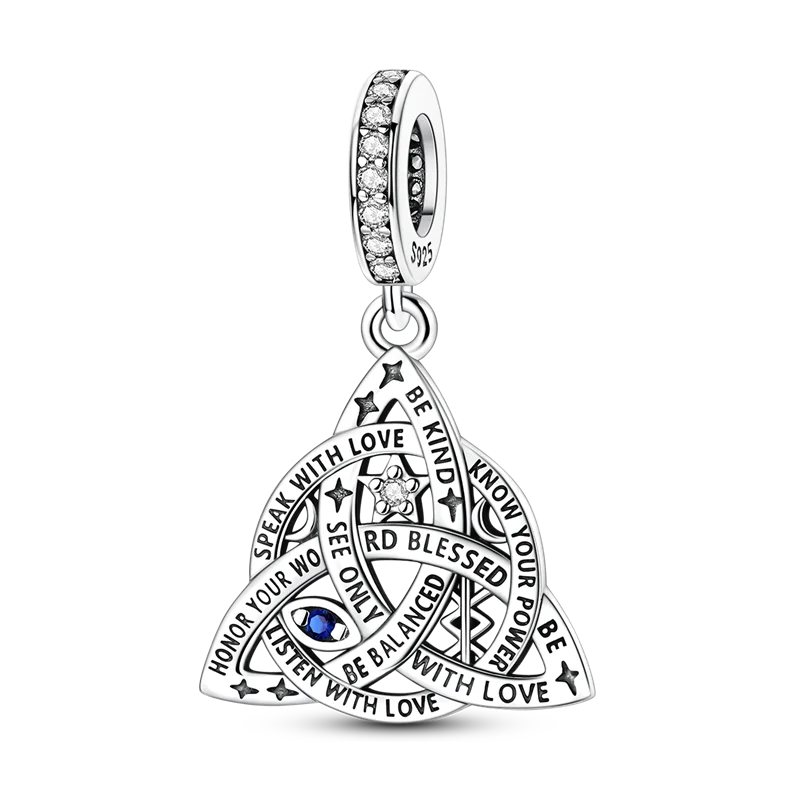Sterling silver devil's eye charm bracelet featuring a pendant with various inspirational words and symbols.