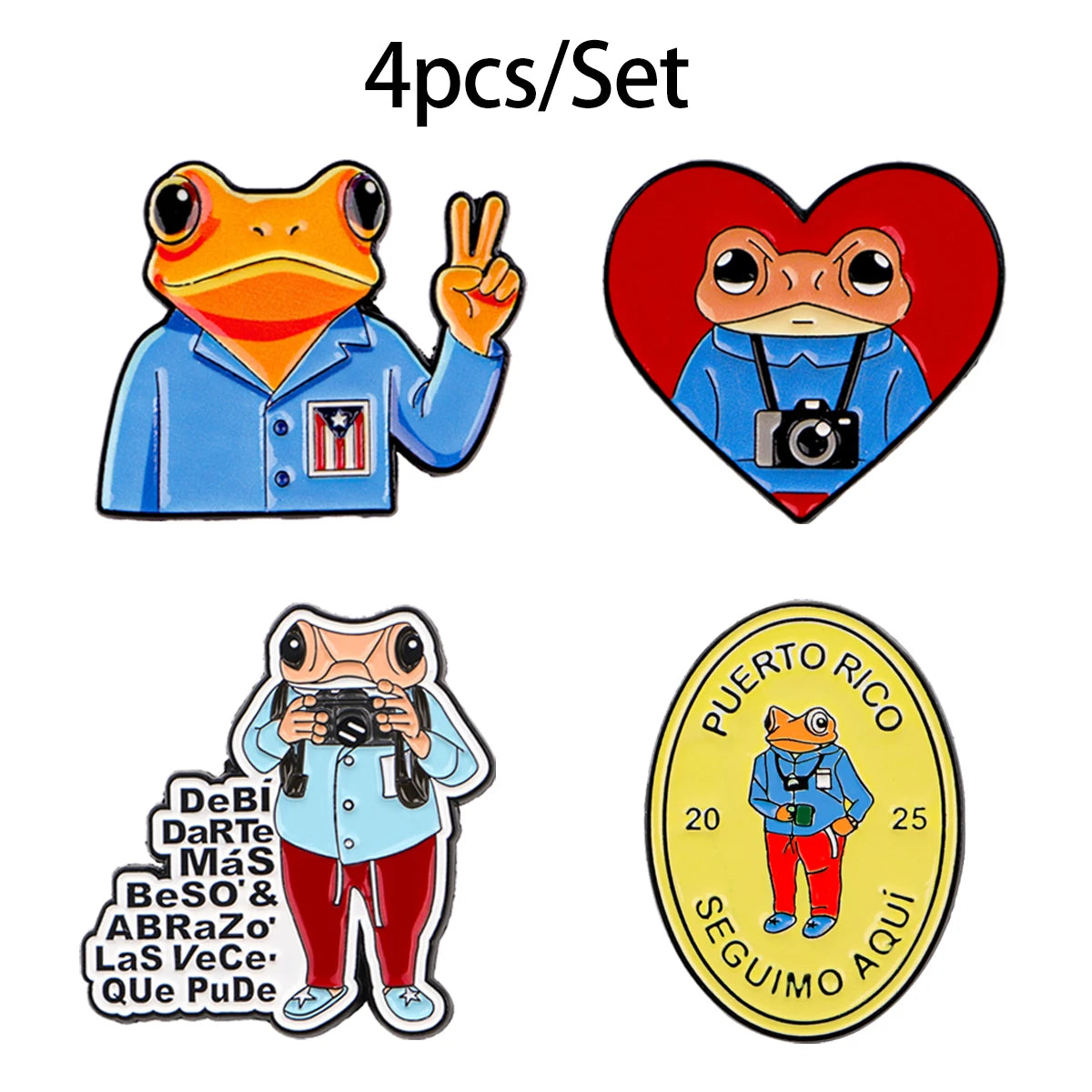 A set of four enamel brooches featuring a frog character, including a waving frog and a frog holding a camera.