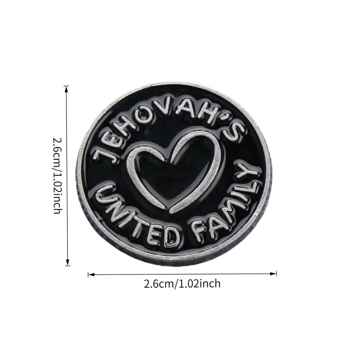 Silver lapel pin featuring the text Jehovah's Heart Family United Family engraved on a circular design