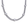 A silver stainless steel charm necklace featuring small cubic zirconia stones.