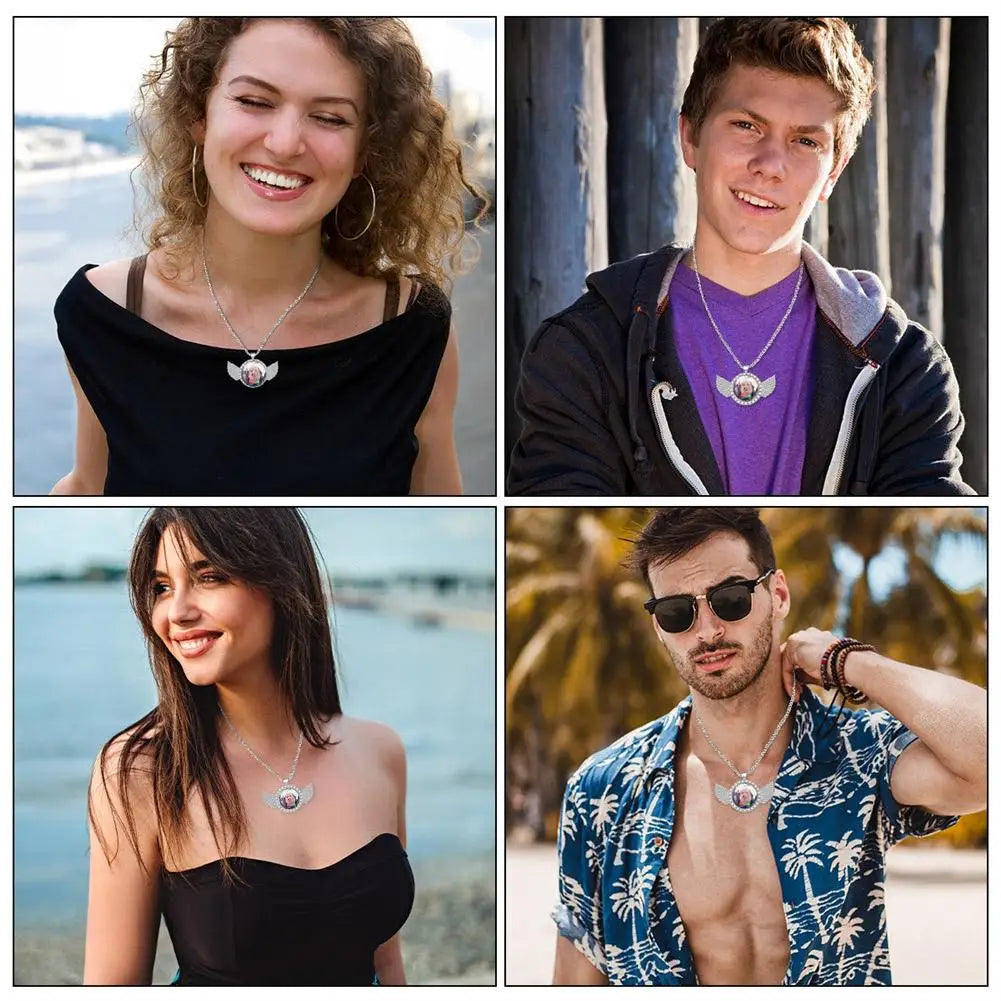 Collage of three women wearing or posing with a funny pig charm necklace and angel wings pendant