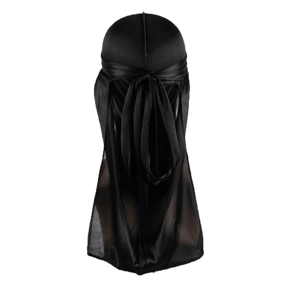 Black silky durag shower cap bandana tied in a bow