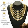 Gold-plated Miami Cuban chain necklace displayed on a black stand with various chain widths.