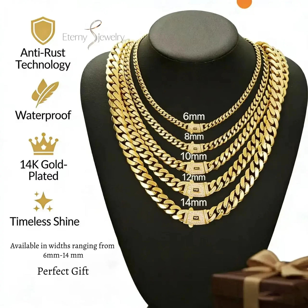 Gold-plated Miami Cuban chain necklace displayed on a black stand with various chain widths.