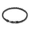A black stainless steel twisted chain bracelet laid flat against a white background.