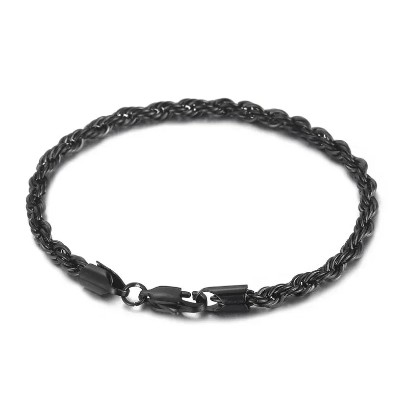 A black stainless steel twisted chain bracelet laid flat against a white background.