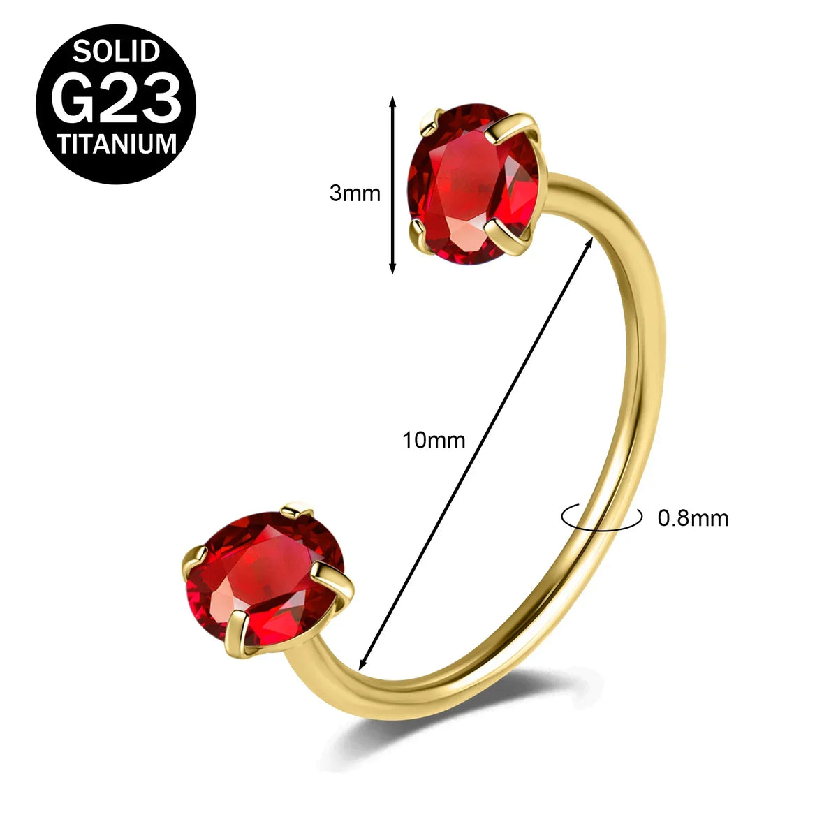 A gold-toned titanium nose ring featuring a round, red CZ crystal gemstone.