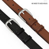 A close-up view of a brown and black PU waist belt with silver buckles, highlighting its non-punching design.