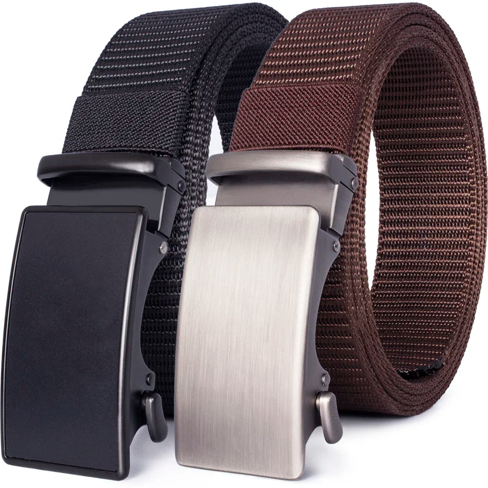 A close-up view of a black tactical canvas utility belt with a silver buckle and a brown woven strap.