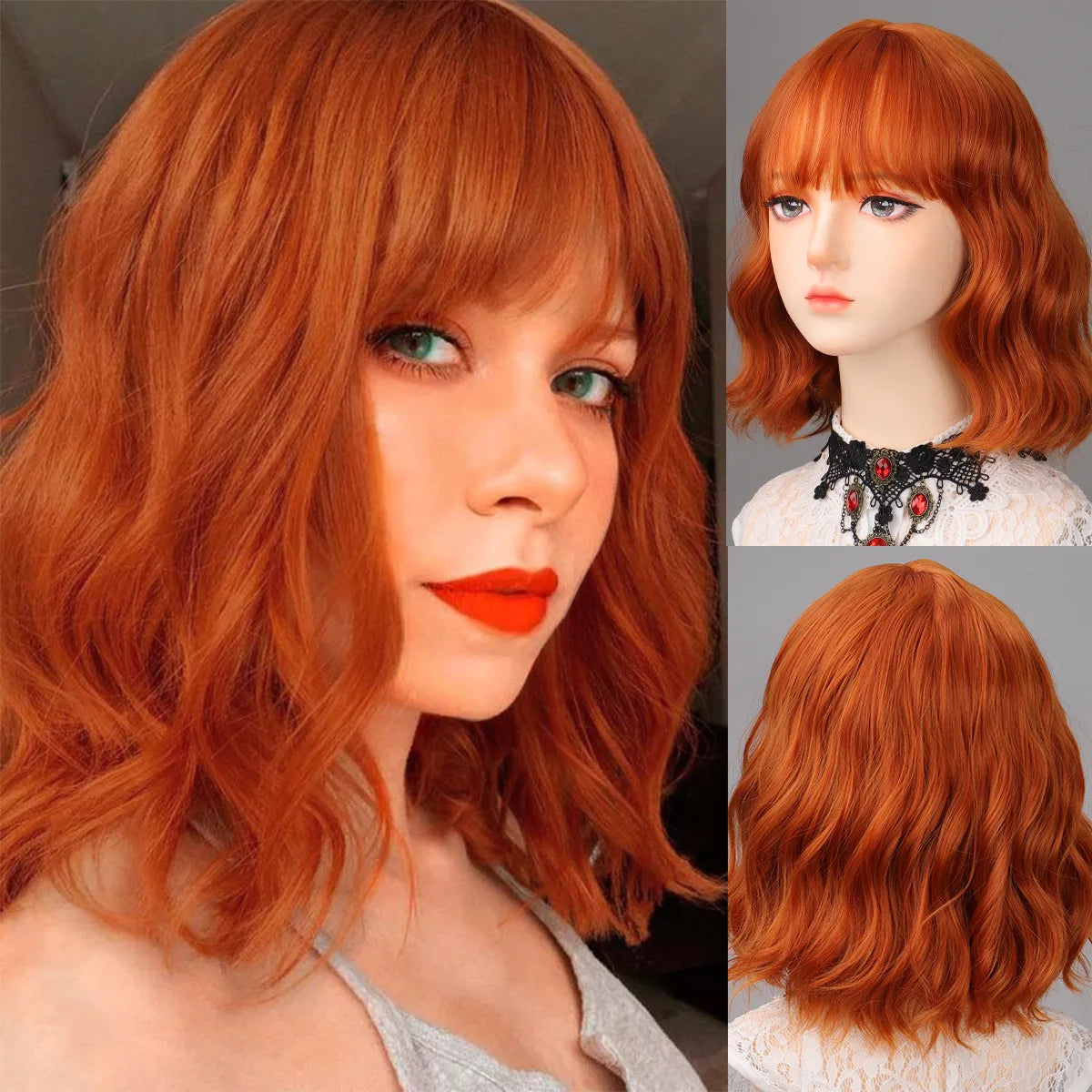 A close-up of a woman wearing a long, curly red wine colored synthetic wig with bright green eyes.