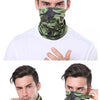 A man wearing a camouflage patterned face mask and white shirt.