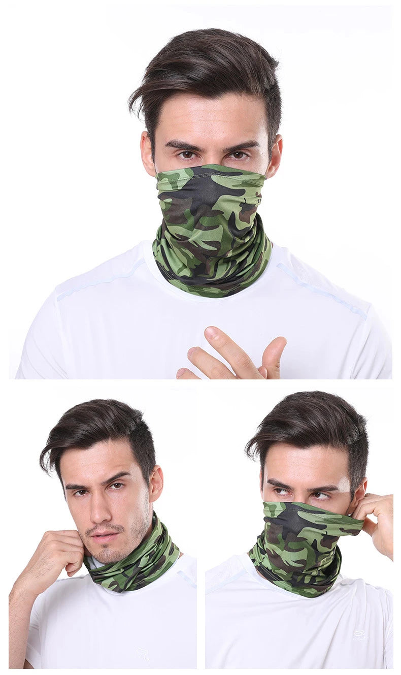 A man wearing a camouflage patterned face mask and white shirt.