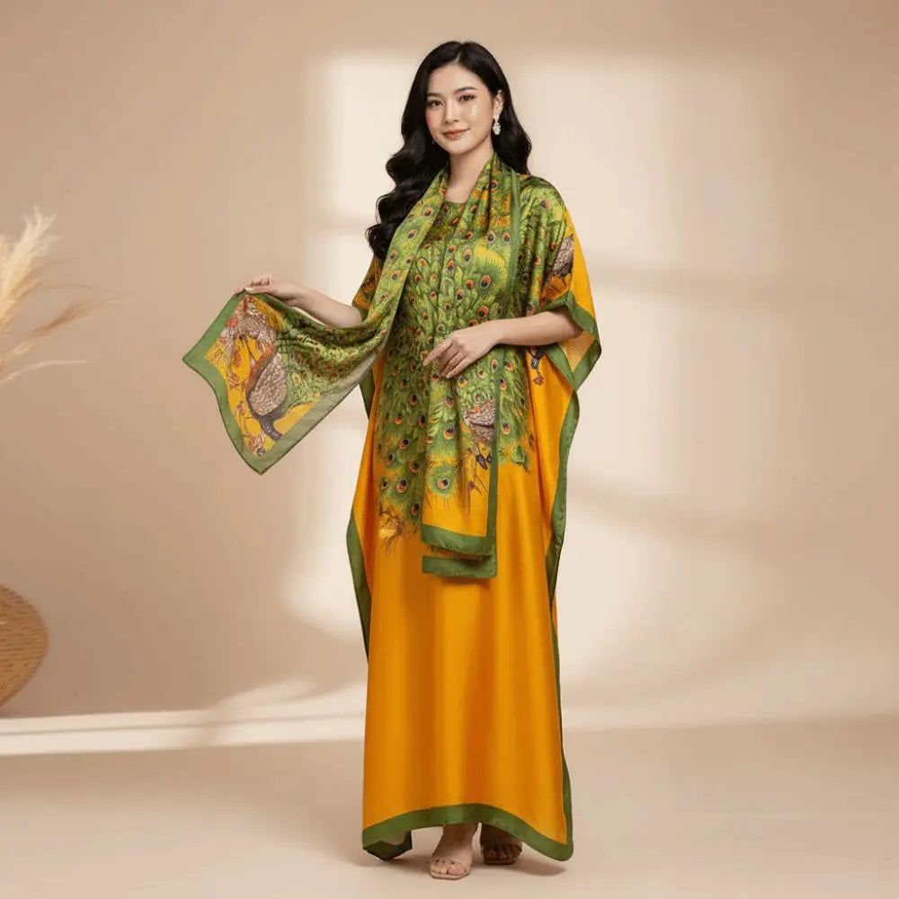 A woman models a vibrant yellow floral butterfly peacock cape shawl draped over her shoulders.
