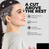A woman models a black paisley bandana headband worn on her hair, highlighting its durable and soft features.