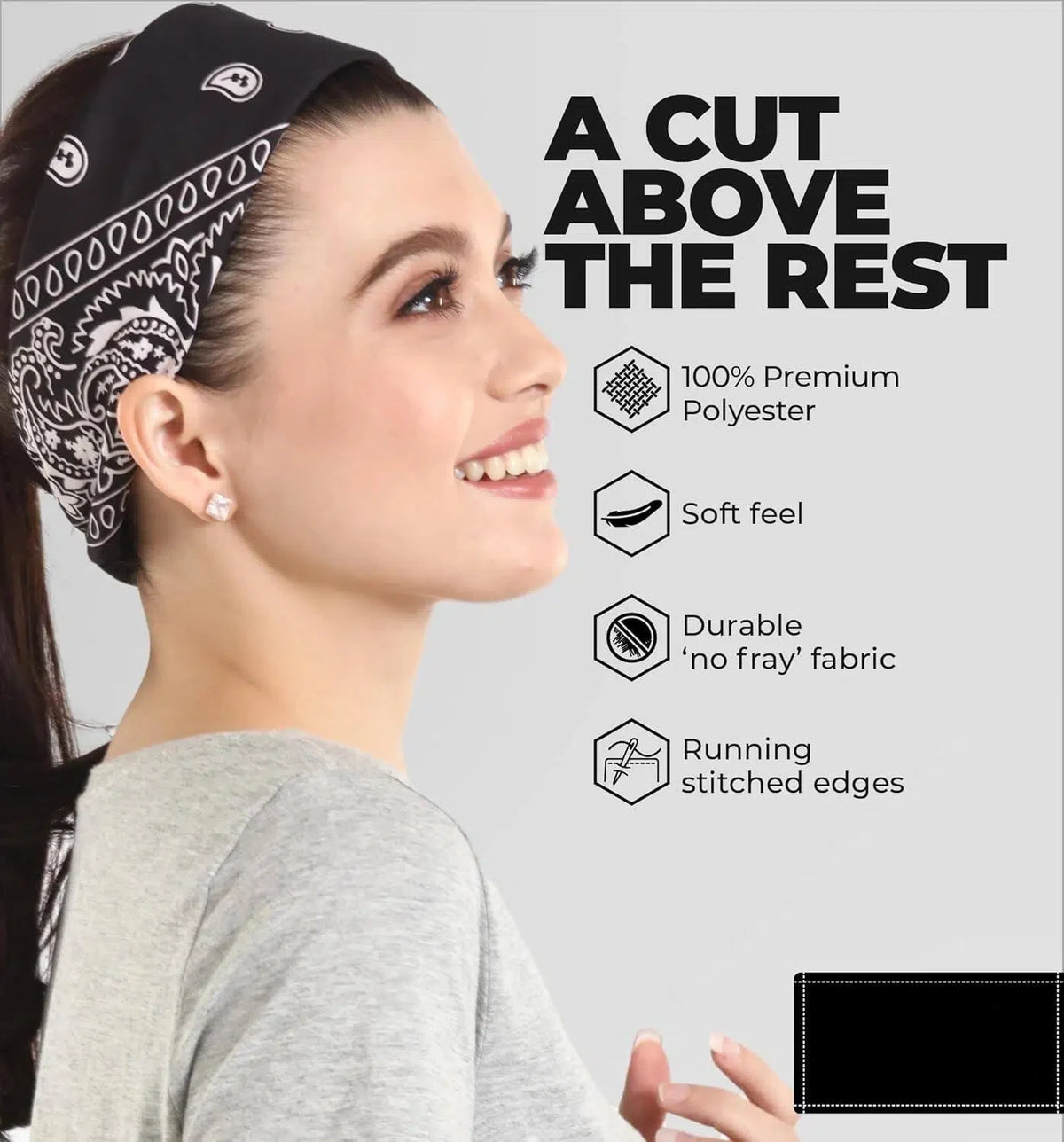 A woman models a black paisley bandana headband worn on her hair, highlighting its durable and soft features.
