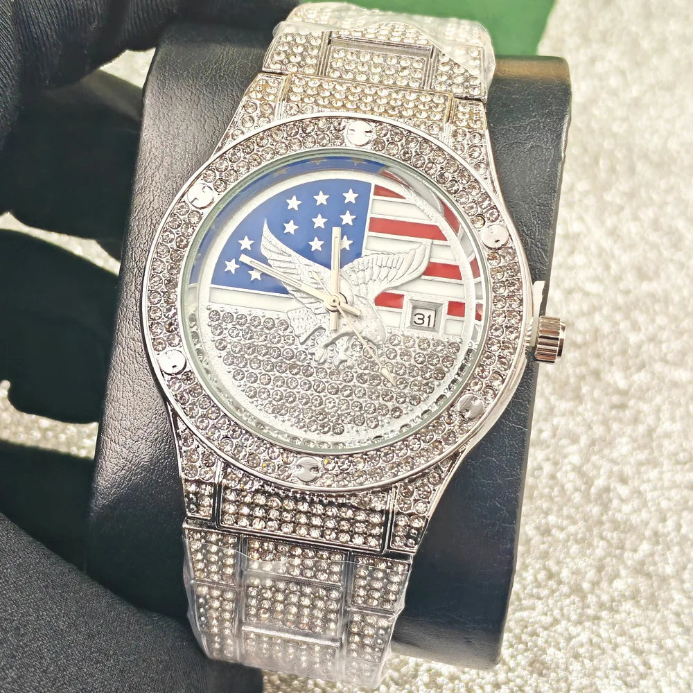 A close-up of a luxury quartz wristwatch featuring a patriotic design with stars and stripes on the face.