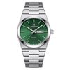 A silver-toned luxury men's waterproof quartz wristwatch with a green dial and stainless steel bracelet.