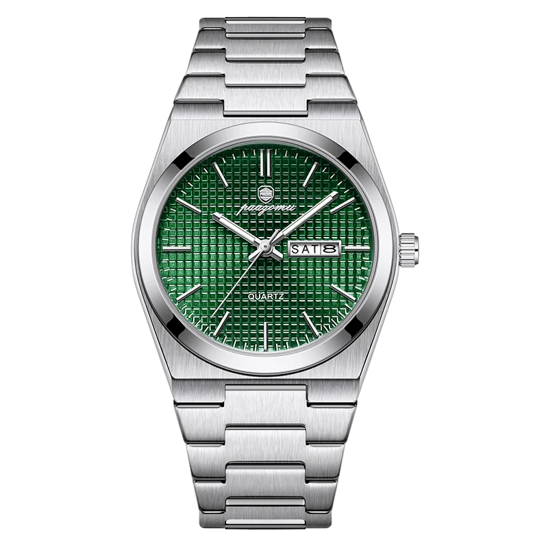 A silver-toned luxury men's waterproof quartz wristwatch with a green dial and stainless steel bracelet.