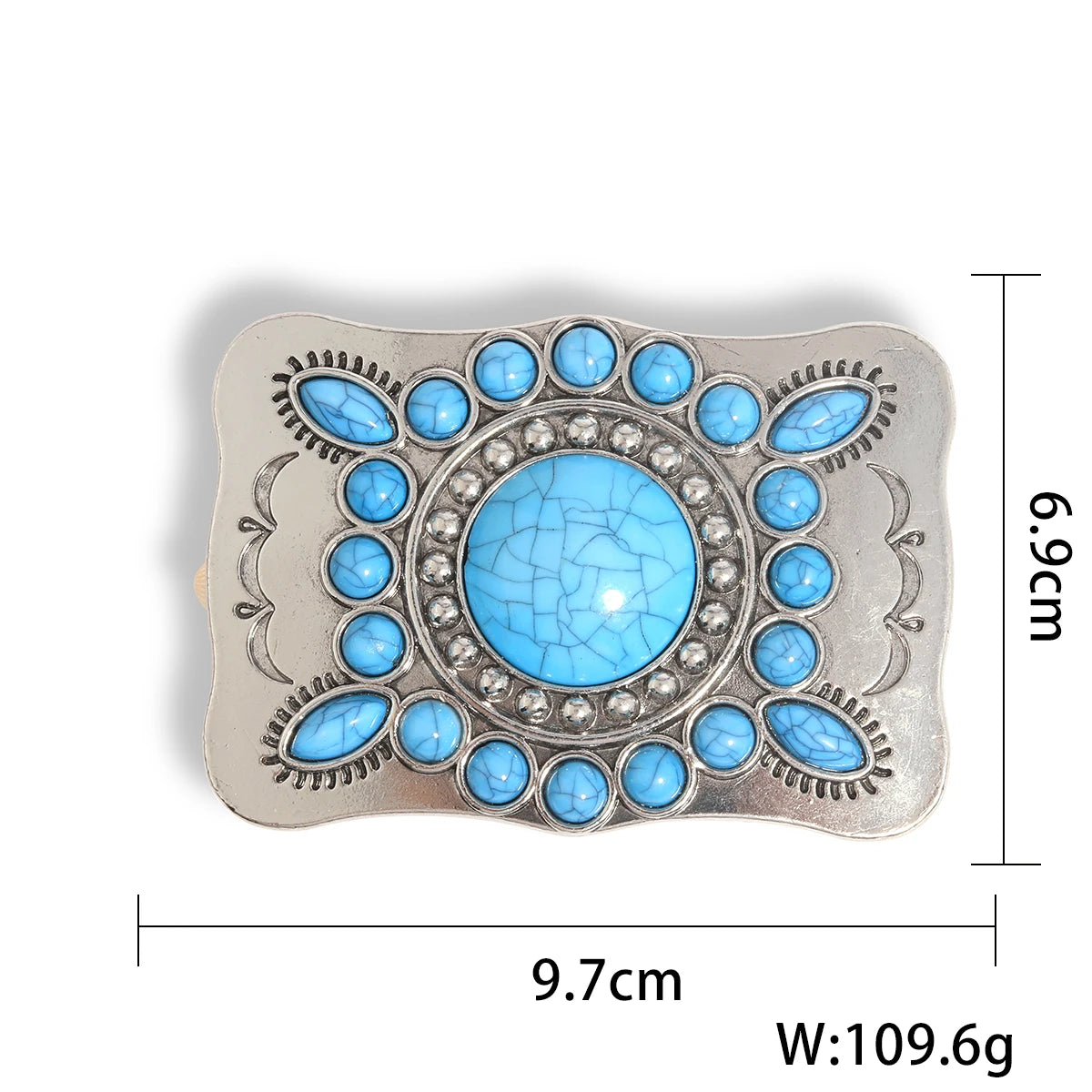 Silberne Gürtelschnalle mit einem zentralen runden Türkisstein, umgeben von kleineren blauen Perlen und dekorativer Metallarb