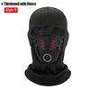 Black balaclava face mask with a textured fabric and red accents, shown from the front.