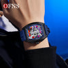 A close-up of a luxury wine barrel quartz watch worn on a wrist against a blue background.