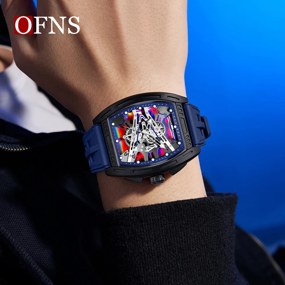 A close-up of a luxury wine barrel quartz watch worn on a wrist against a blue background.
