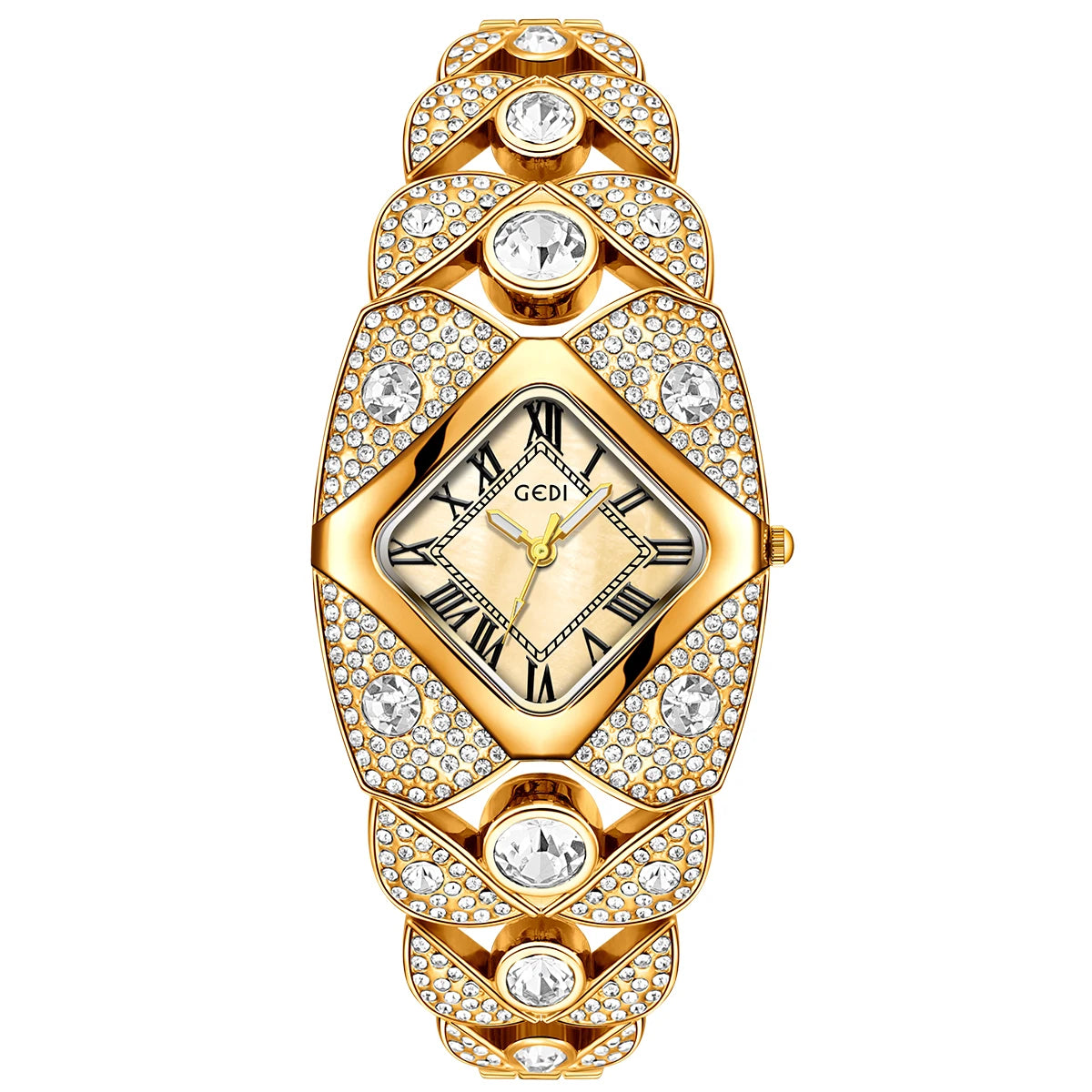 A luxury diamond inlaid quartz wristwatch with a gold-toned band and crystal accents.
