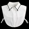 White blouse with a false collar and detachable neckline, shown against a black background.
