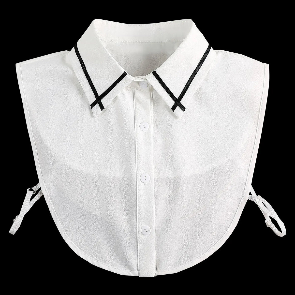 White blouse with a false collar and detachable neckline, shown against a black background.