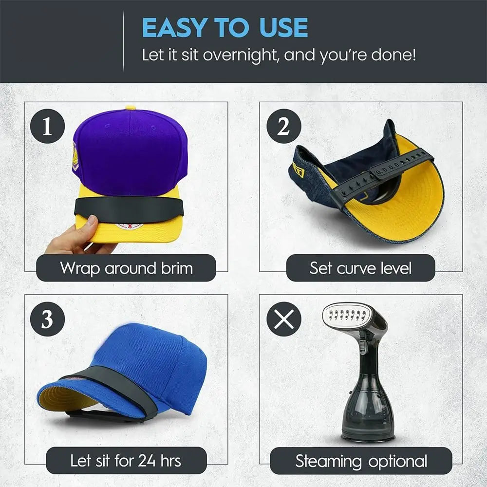 Instructions for using a reusable hat brim bender, showing steps to wrap the brim and set the curve level.