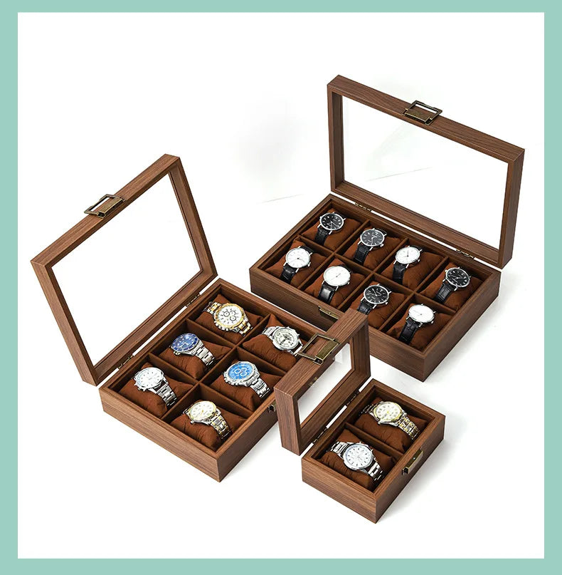A wooden multi-slot display box for watches and jewelry, featuring compartments for various items.