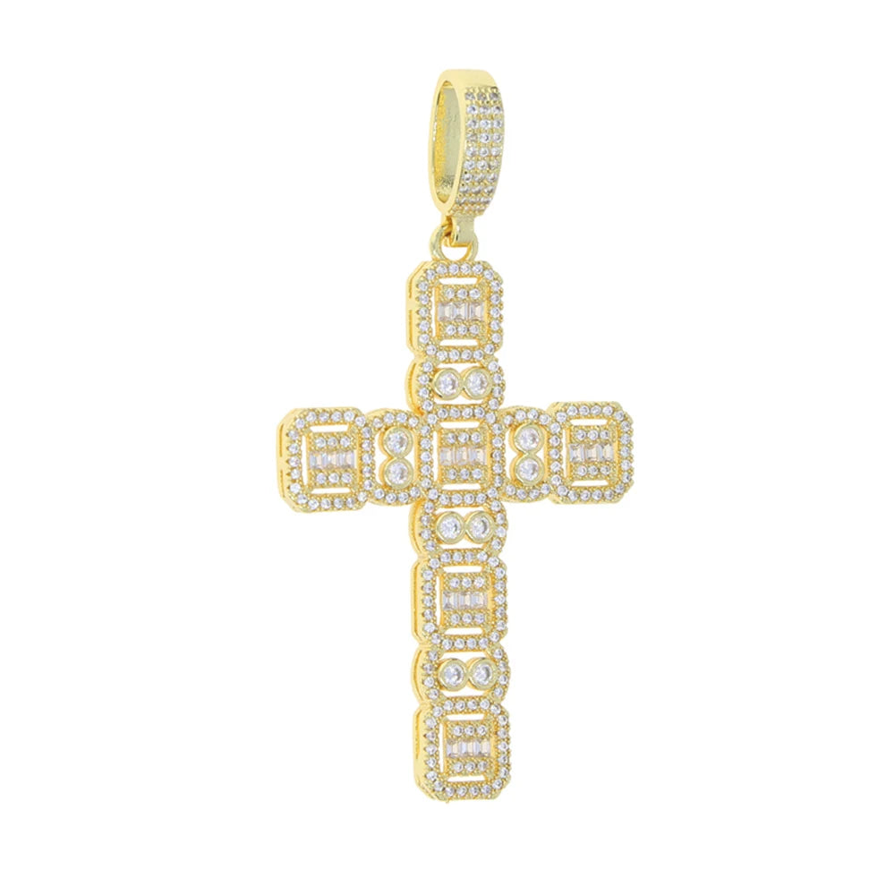 Pendentif de croix ton or, serti de petites pierres claires.
