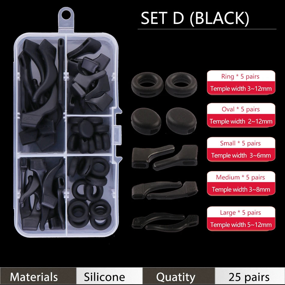 Set D black silicone ear grip hooks for glasses and sunglasses including various sizes