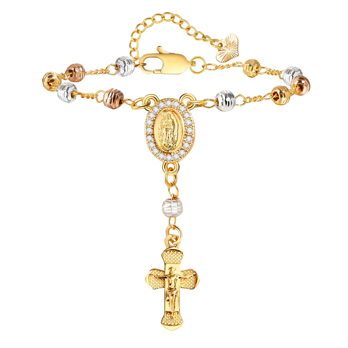 A gold plated rosary bracelet featuring a medallion and a crucifix charm.