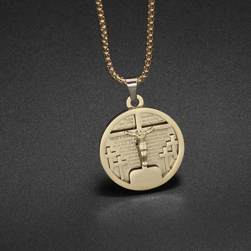Gold-toned retro Christian cross amulet necklace with a detailed design and hanging from a silver-colored chain.