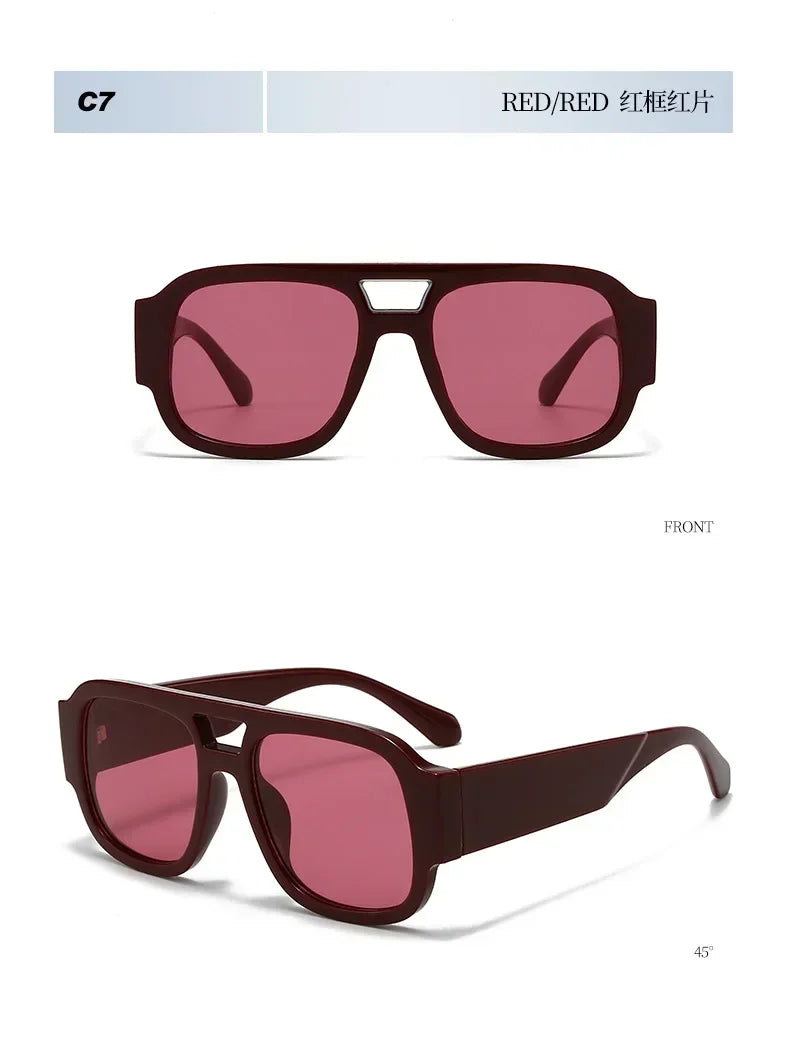 Vista frontal de gafas de sol cuadradas retro de puente doble rojo rosado oscuro