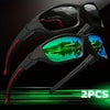 A pair of black sports sunglasses with green mirrored lenses and red accents are displayed against a dark background.