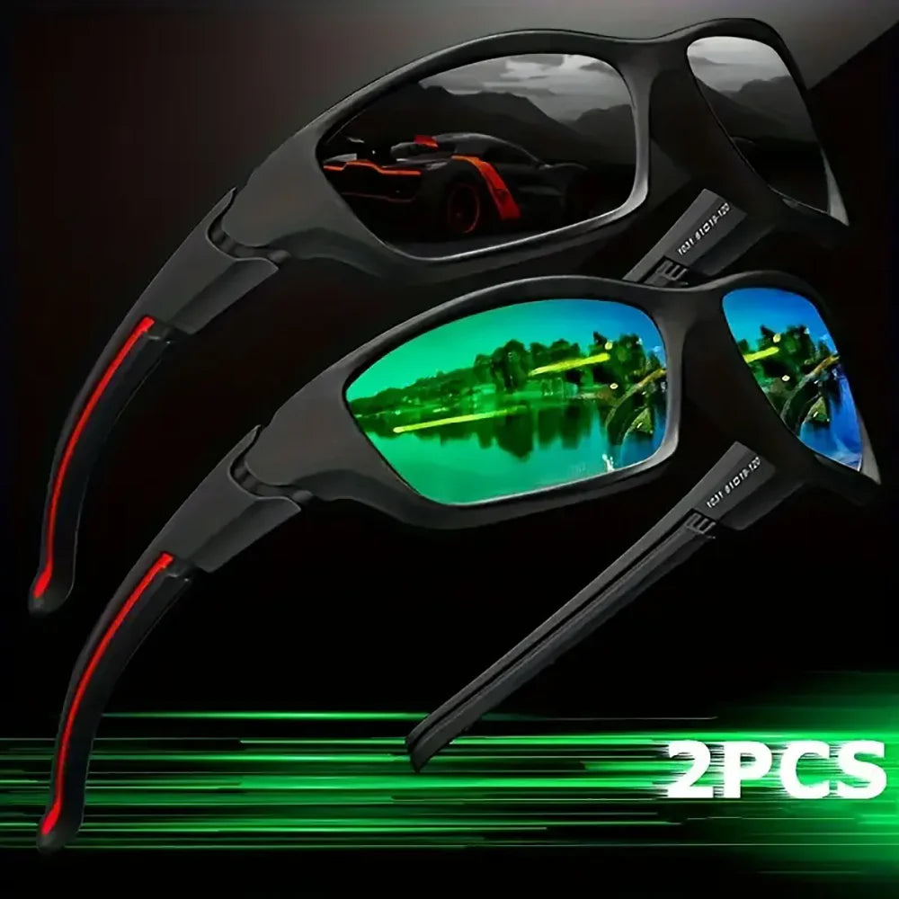 A pair of black sports sunglasses with green mirrored lenses and red accents are displayed against a dark background.
