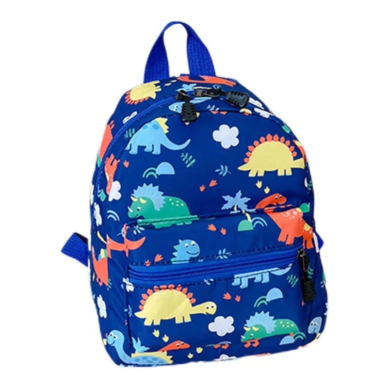 A blue kids backpack featuring a cute dinosaur and unicorn pattern.