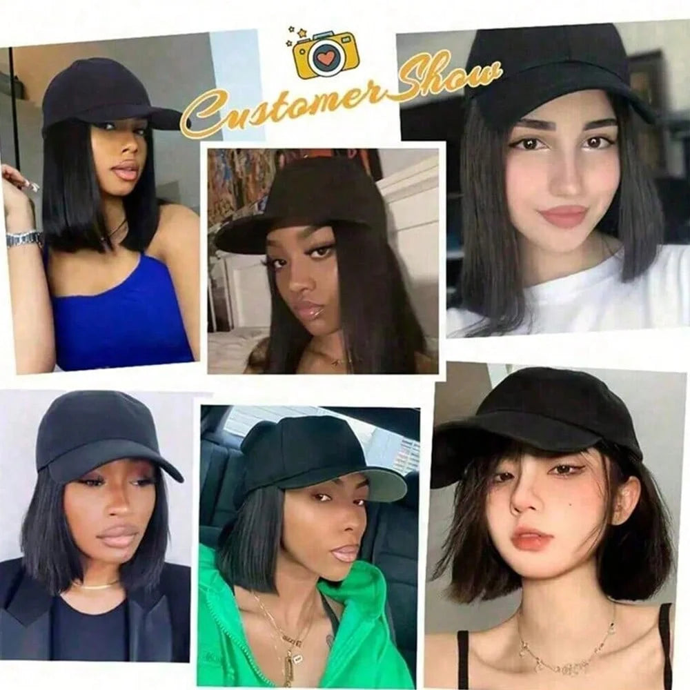 Collage of women modeling black baseball caps and synthetic hair products.