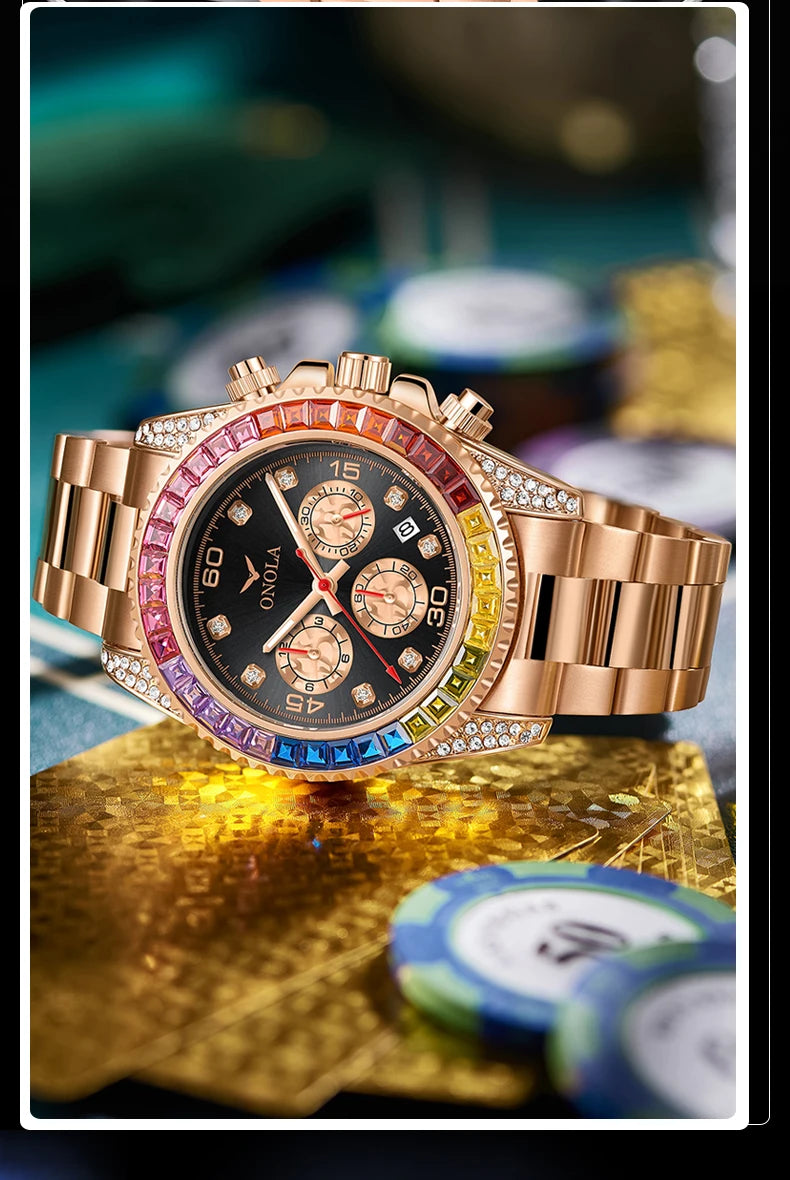 A close-up of a men's gold quartz watch with diamond accents resting on a golden surface.