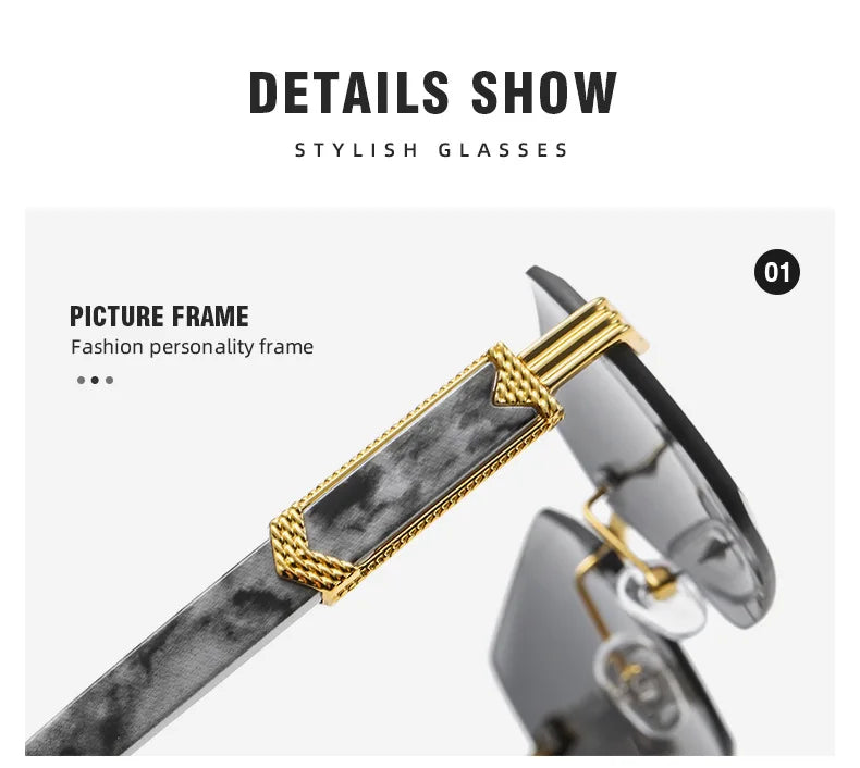 A close-up of stylish gradient sunglasses featuring a marbled black and white frame.
