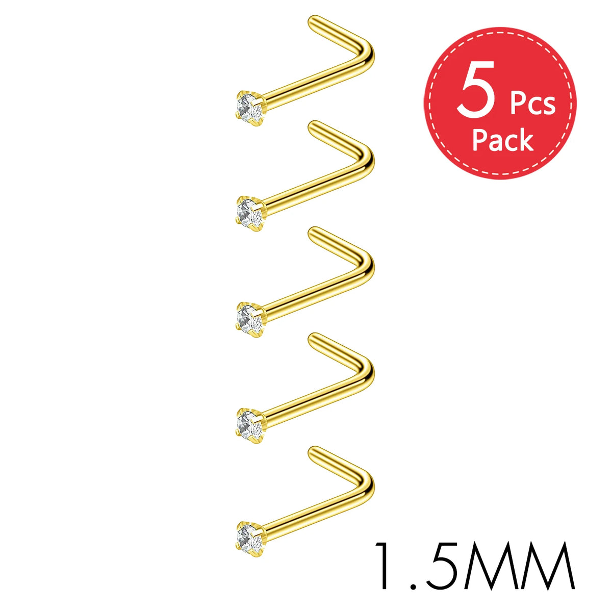 Five gold-finish stainless steel nostril studs with crystal accents, 1.5mm long.