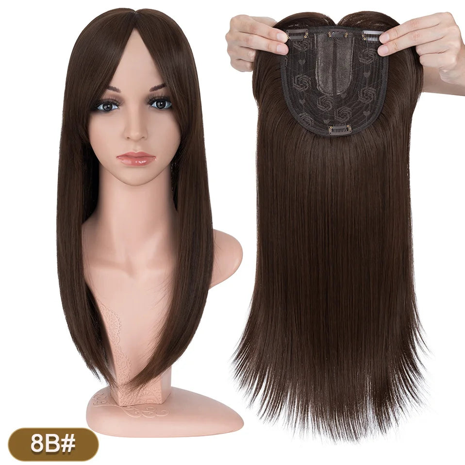 A dark brown straight hair topper with bangs is shown on a mannequin head and as a separate hair piece.