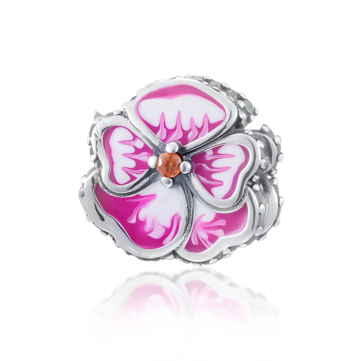 Cuenta de plata con forma de flor rosa y blanca con centro naranja