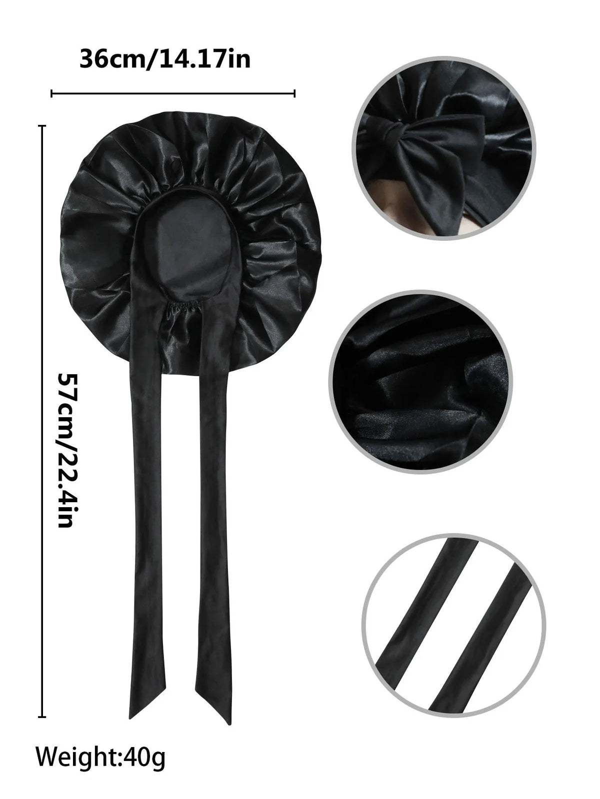 Black satin wide-brimmed hair wrap headscarf shown with dimensions and detail views.